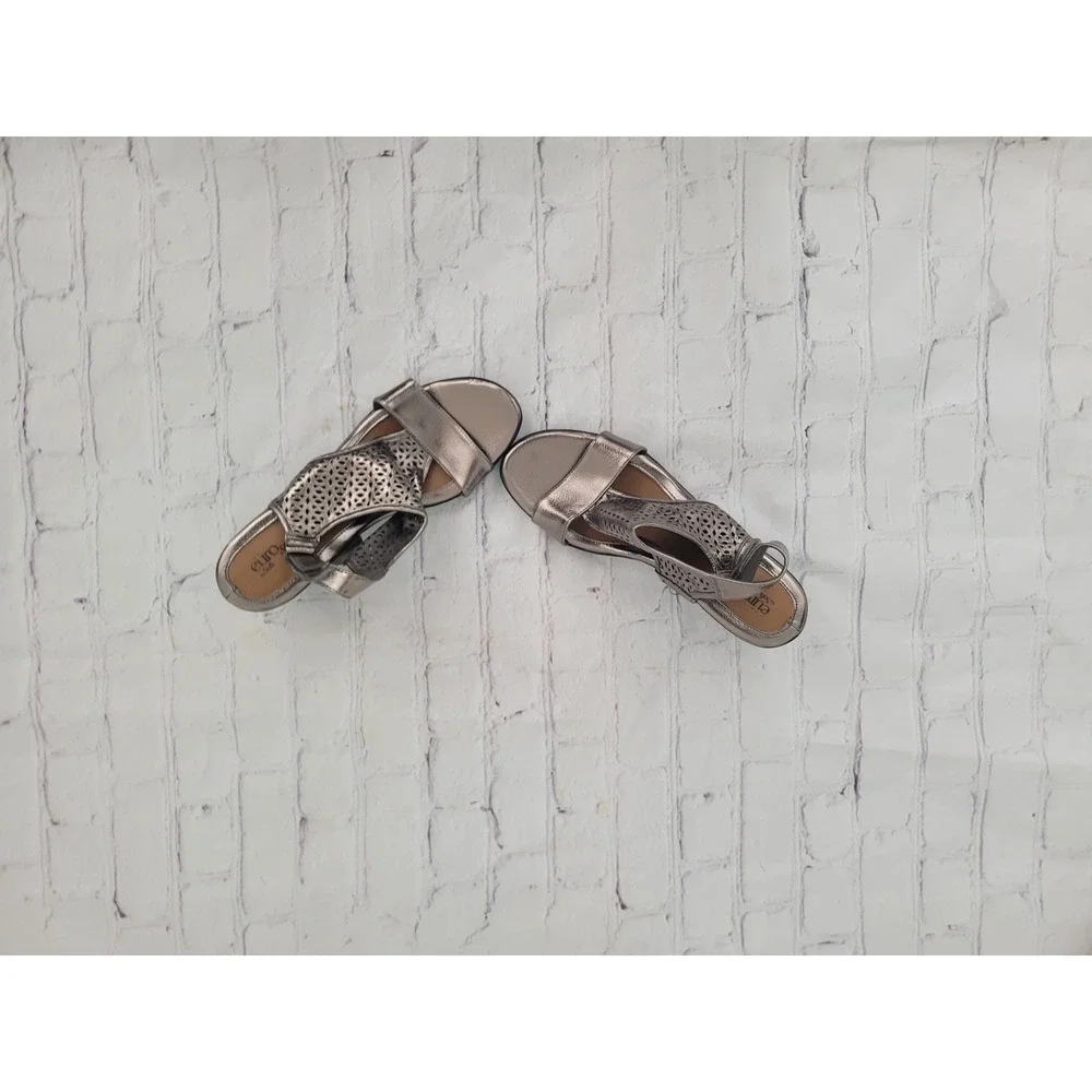 Eurosoft by Sofft Vania Pewter Metallic Laser Cut Wedge Sandals Womens 9.5 M